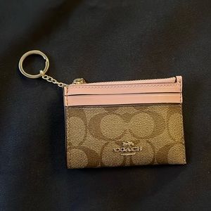 Coach Brown and Pink Key Chain Wallet with Gold Accents